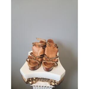 Frye Tan Leather Wedge Sandals 11 NWOT Rosy Honeycomb Tan